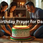amily praying together for father's birthday celebration with cake and candles