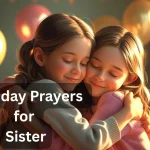 Two sisters hugging on birthday with candles and prayer hands showing birthday prayer for sister celebration