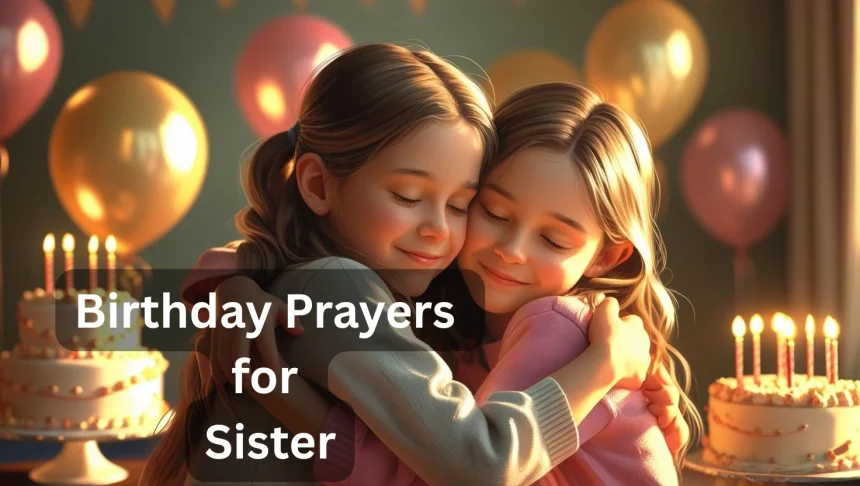Two sisters hugging on birthday with candles and prayer hands showing birthday prayer for sister celebration