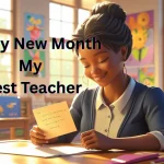 Happy new month message to teacher with student giving handwritten note