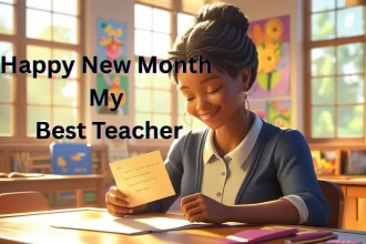 Happy new month message to teacher with student giving handwritten note