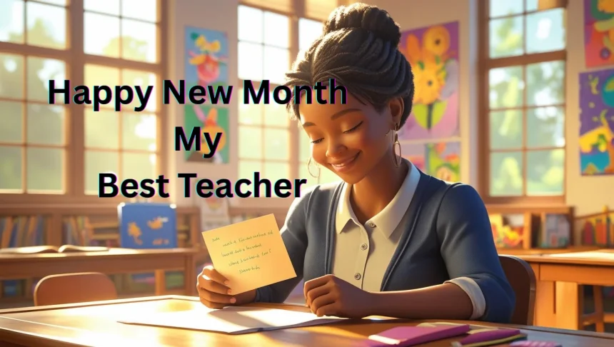 Happy new month message to teacher with student giving handwritten note