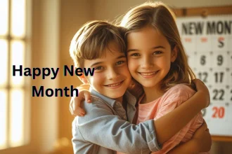 Happy siblings embracing with new month calendar showing family bonding