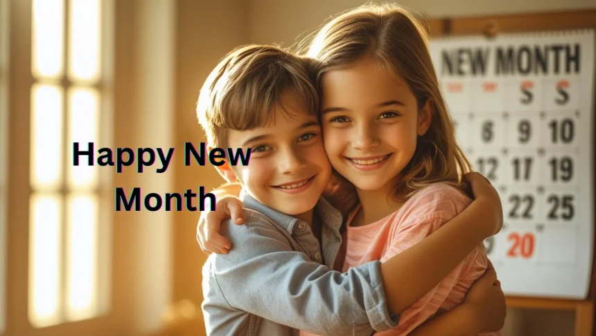 Happy siblings embracing with new month calendar showing family bonding