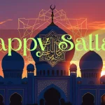 Happy Sallah text message guide with mosque and Islamic decorative elements