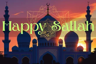 Happy Sallah text message guide with mosque and Islamic decorative elements