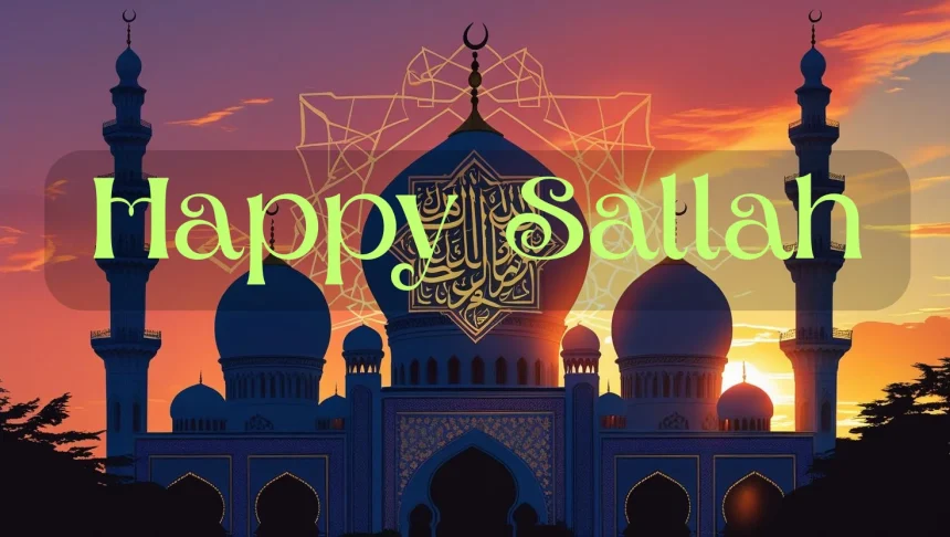 Happy Sallah text message guide with mosque and Islamic decorative elements