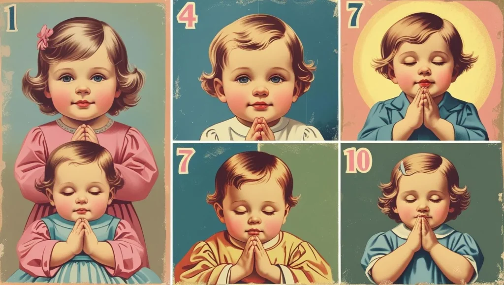 Child development stages showing ages 1 through 10 with prayer themes
