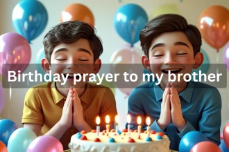 Brothers praying together on birthday celebration with candles and cake