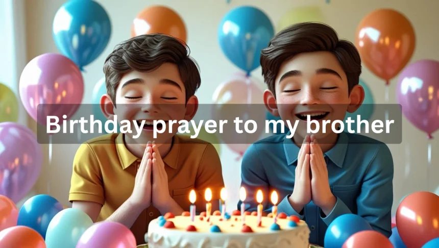Brothers praying together on birthday celebration with candles and cake