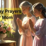 Mother and daughter praying together on birthday with flowers and soft lighting