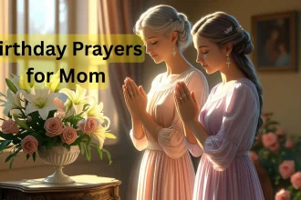 Mother and daughter praying together on birthday with flowers and soft lighting