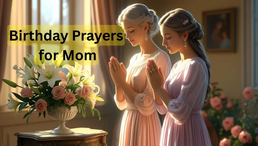 Mother and daughter praying together on birthday with flowers and soft lighting