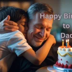 Father receiving birthday hug from adult child with celebration cake