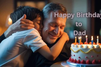 Father receiving birthday hug from adult child with celebration cake