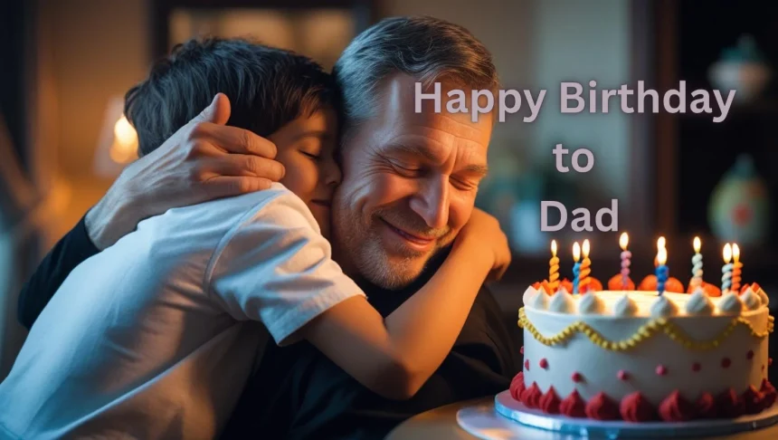 Father receiving birthday hug from adult child with celebration cake