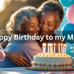 Mother and daughter hugging on birthday with cake and celebration decorations
