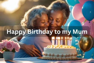 Mother and daughter hugging on birthday with cake and celebration decorations