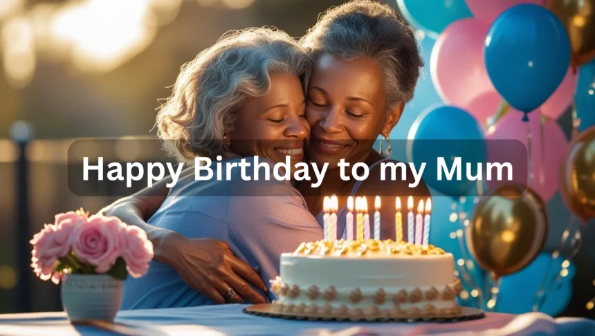 Mother and daughter hugging on birthday with cake and celebration decorations
