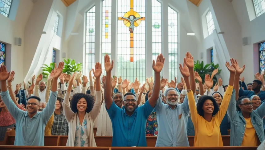 Church congregation praying together for spiritual growth and revival