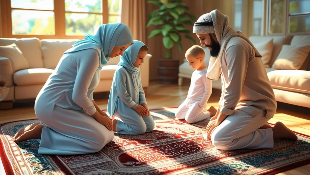 Muslim family friday prayer home blessings together worship