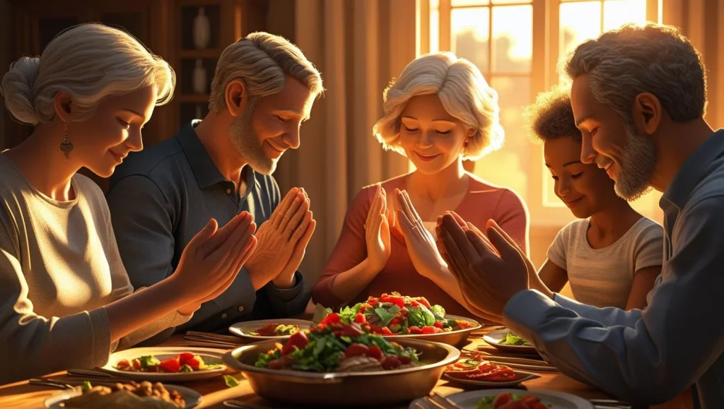 Family praying together showing thanksgiving for family bonds and unity