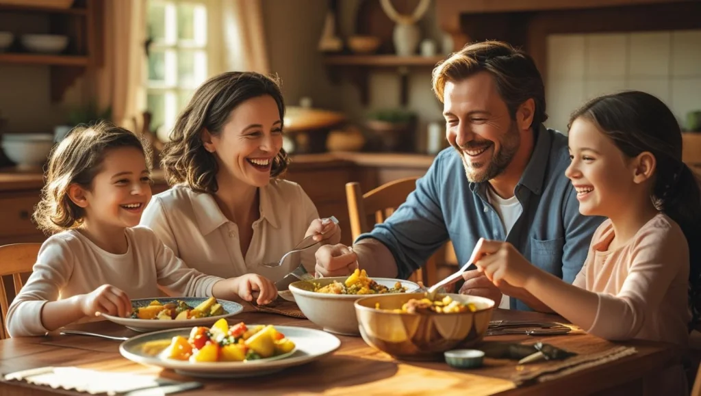 Multi generational family showing unity through eating together