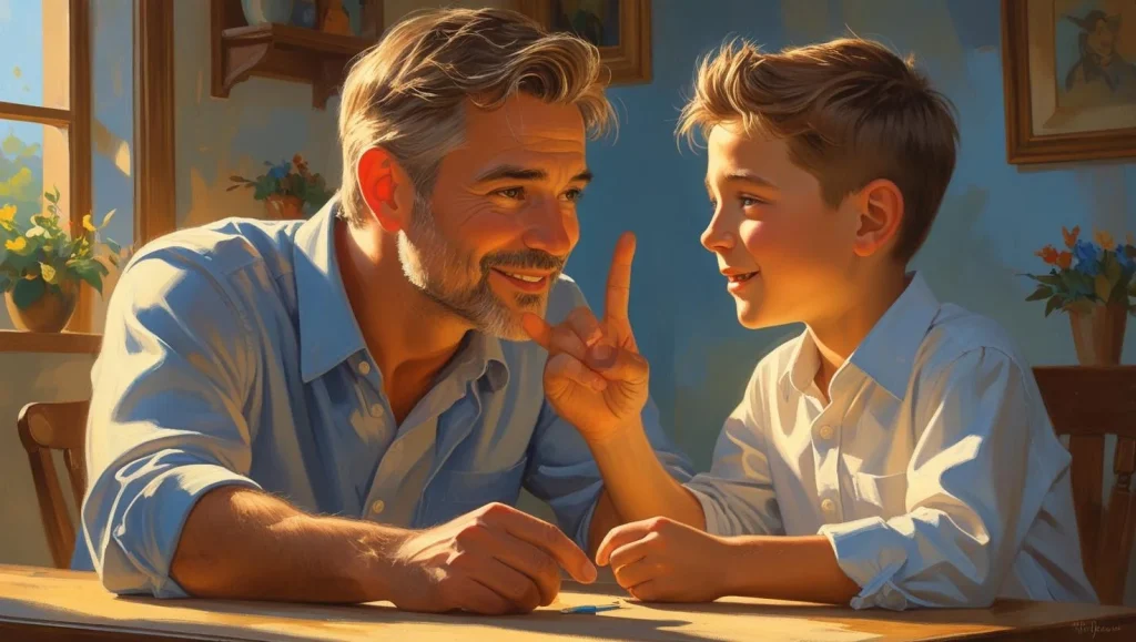 Father laughing at funny birthday card with family celebrating