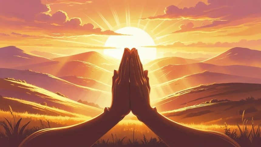Good morning prayer for a friend with sunrise and praying hands