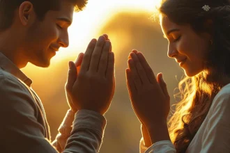 Couple sharing good morning prayer message during peaceful sunrise moment