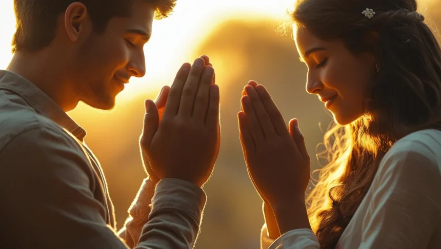 Couple sharing good morning prayer message during peaceful sunrise moment