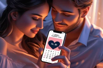 Happy couple sharing new month message on phone with calendar background