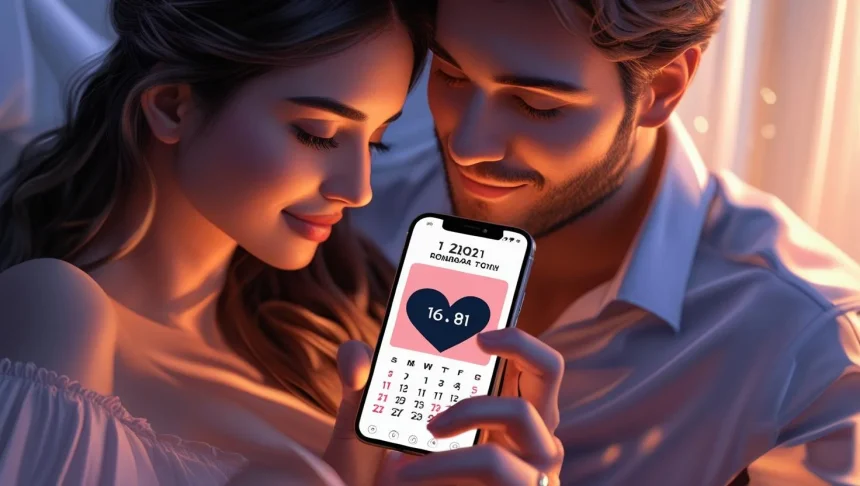 Happy couple sharing new month message on phone with calendar background