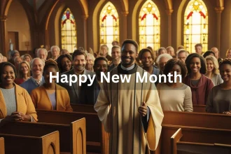 Happy pastor greeting church members in warm sanctuary for new month celebration