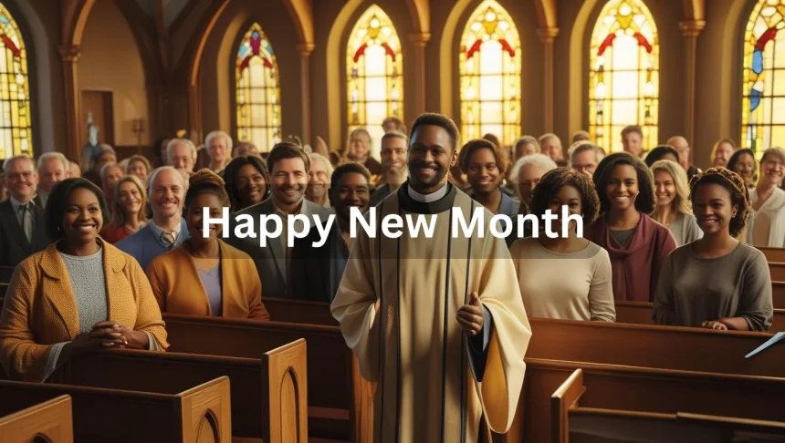 Happy pastor greeting church members in warm sanctuary for new month celebration