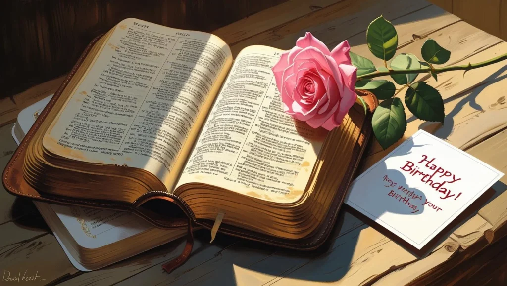 Open Bible with birthday card showing heart touching birthday prayer for brother
