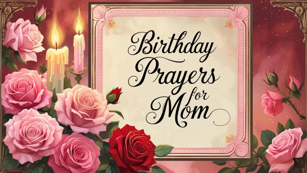 Handwritten birthday prayer card for mom with roses and candles