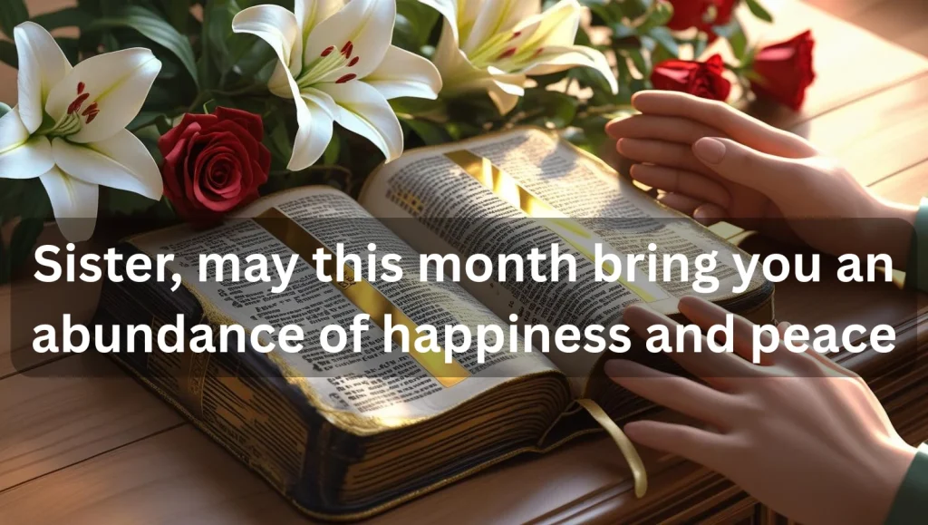 Open Bible showing prayer verses for sister's monthly blessings and spiritual growth