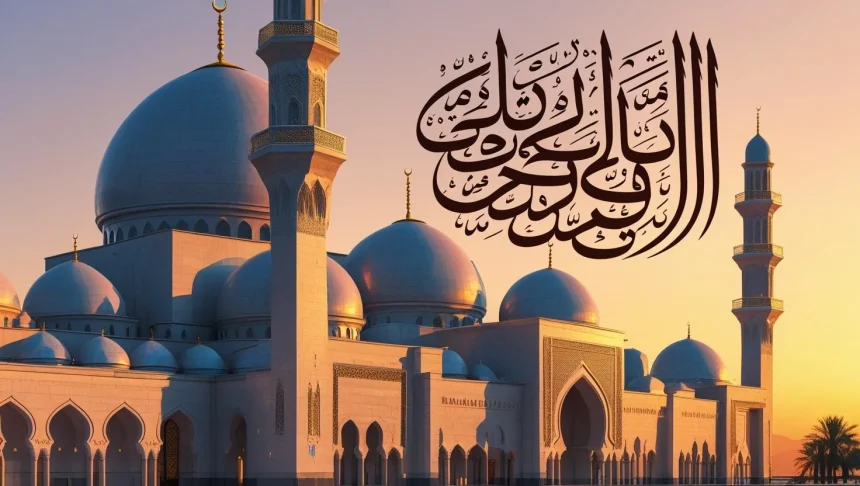 Islamic condolence message with mosque and Arabic calligraphy