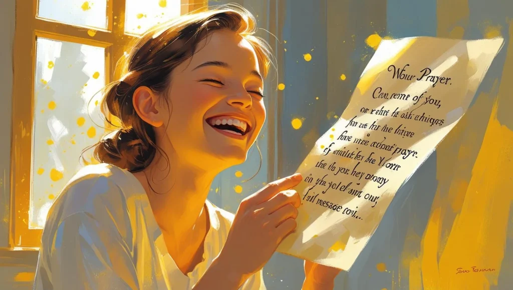 Happy woman smiling while reading joyful good morning prayer message
