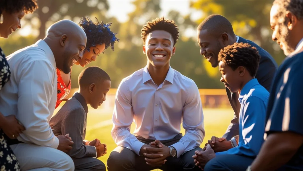 Family praying together at son's milestone birthday celebration
