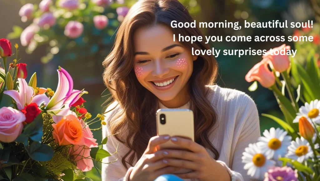 Happy woman reading good morning prayer message on phone