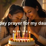Mother and daughter praying together on birthday with candles and cake