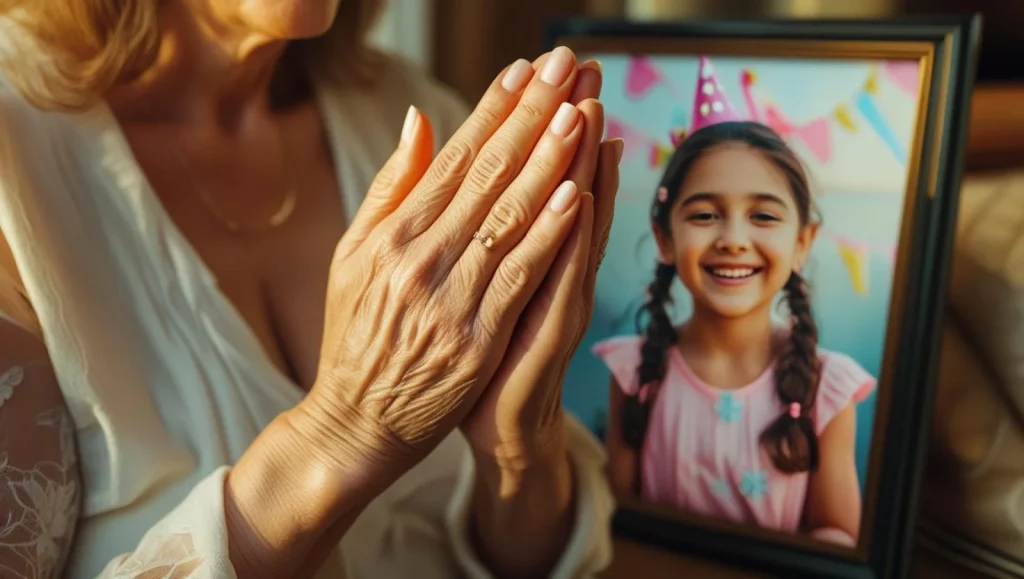 Mother's hands praying over daughter's birthday photo with soft lighting