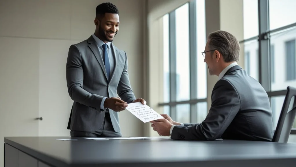 Professional goodwill message being shared with business leader in office setting