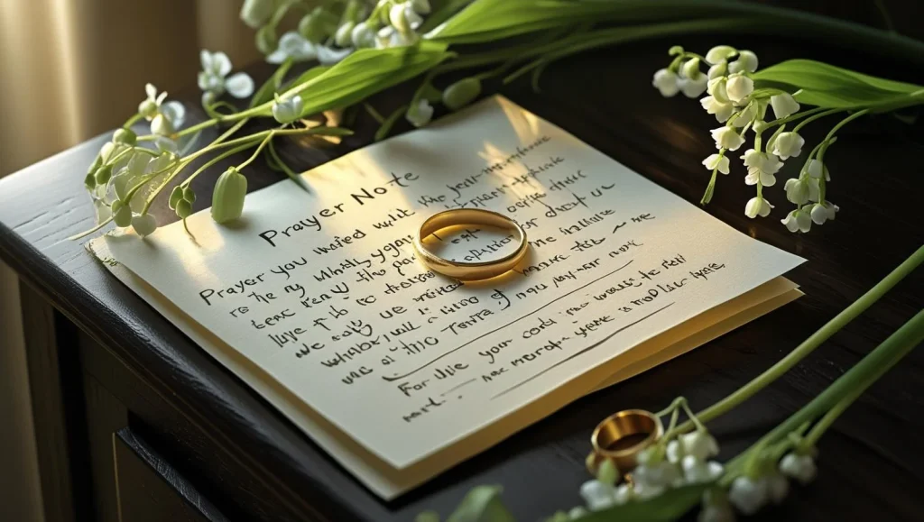Handwritten romantic good morning prayer note bedside table flowers wedding ring