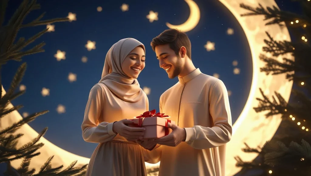Romantic couple celebrating Sallah with love and Islamic symbols