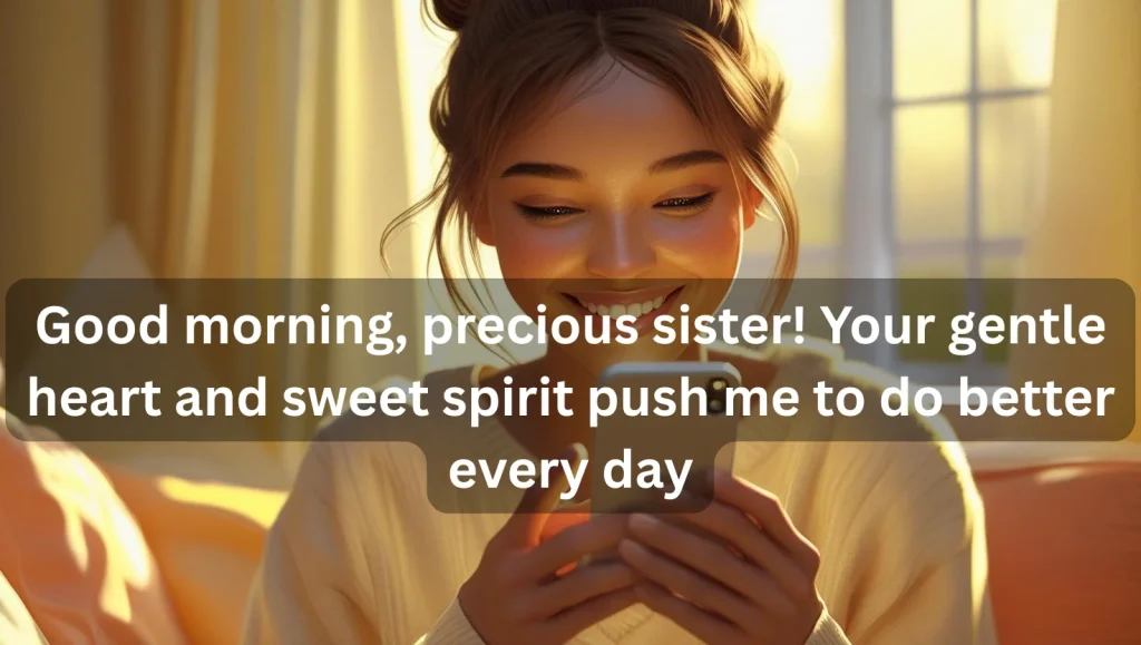 Sister laughing at funny good morning message while still in bed