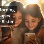 Two sisters sharing good morning messages on phones in golden sunrise light