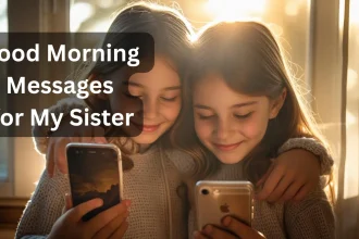 Two sisters sharing good morning messages on phones in golden sunrise light